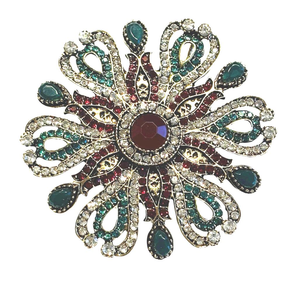 Vintage Multi Color Rhinestone Brooch gold pendant large round statement jewelry